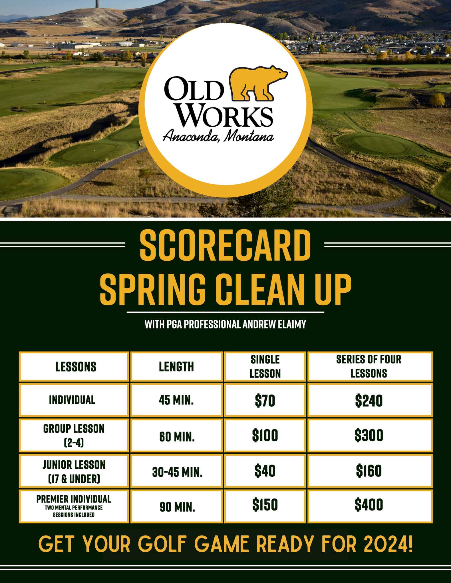 Old Works Golf Club | Lessons - (January 2024) Old Works Golf Club Lessons – (January 2024) OWGC (2024) Scorecard Spring Clean-Up (Flyer)